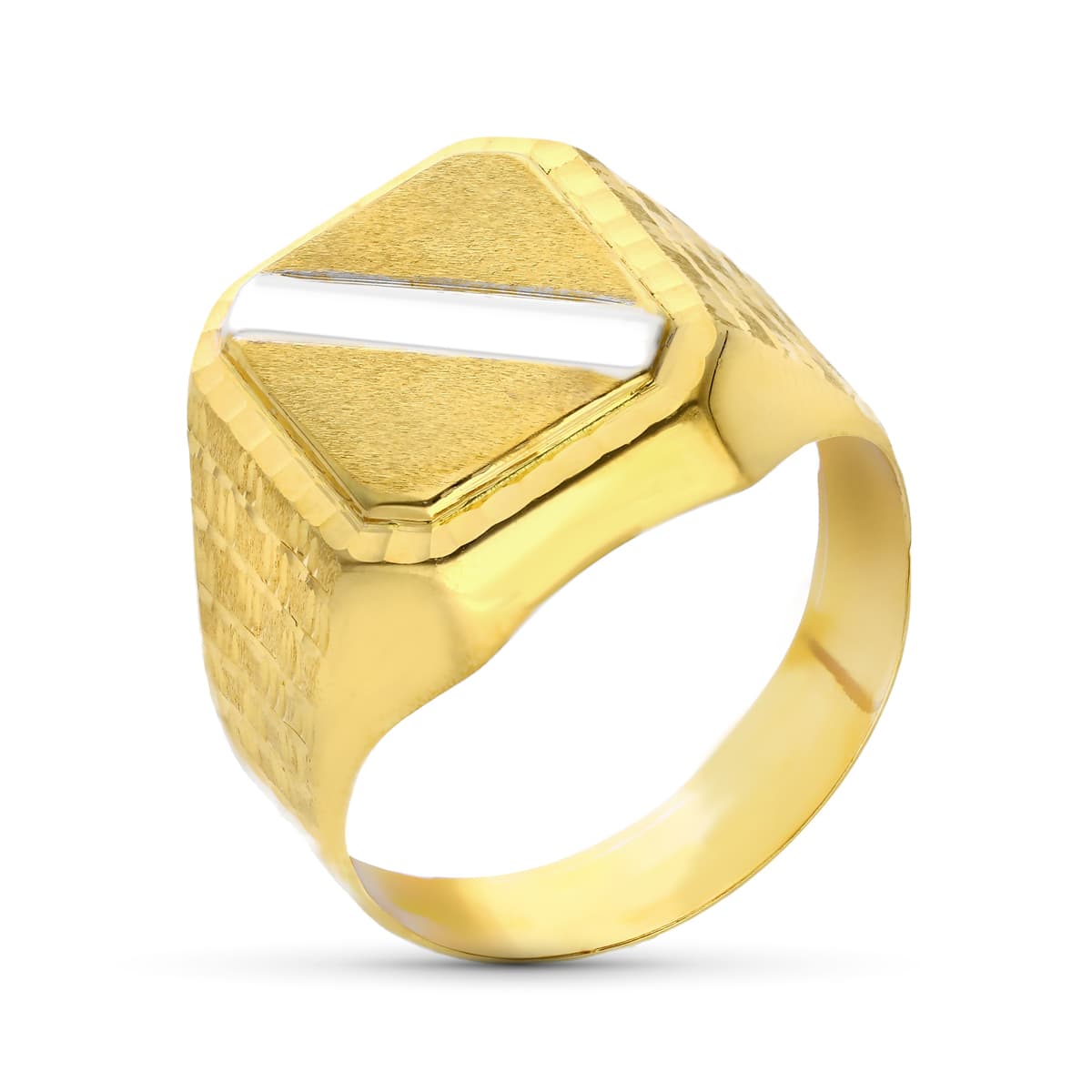 18K SELLO ORO BICOLOR CABALLERO HUECO CON BANDA. ZONA GRABADO: 12X10 MM