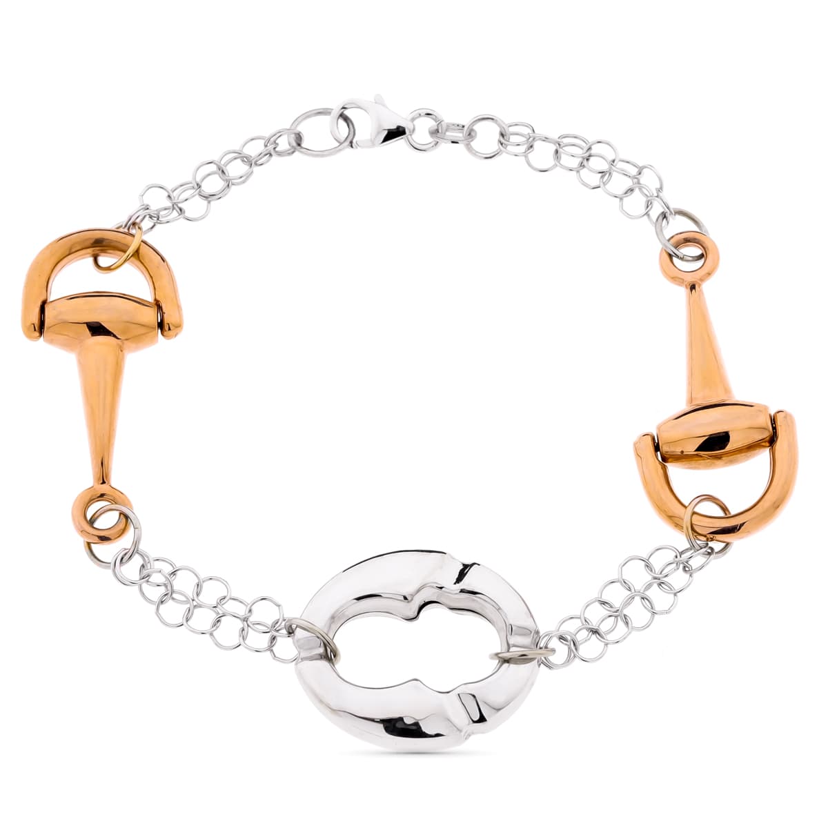 18K PULSERA BICOLOR ORO BLANCO Y ROSA ESTRIBOS. ANCHO 18 MM LARGO 19.5 CM