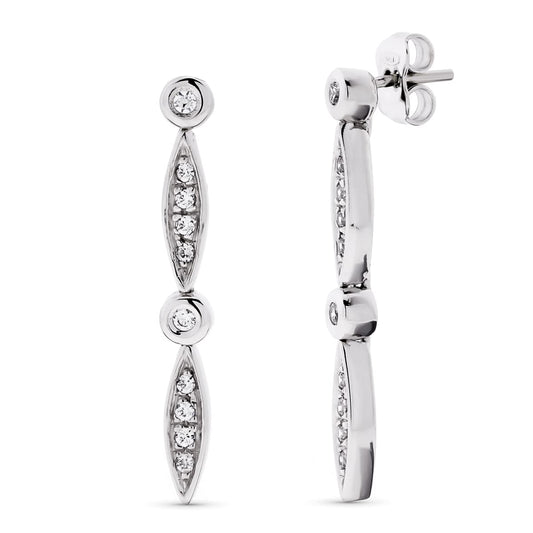 18K PENDIENTES ORO BLANCO LARGOS CIRCONITA 30X4 MM CIERRE PRESION