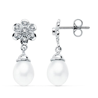 18K PENDIENTES ORO BLANCO PERLA 23X8 MM CIERRE PRESION