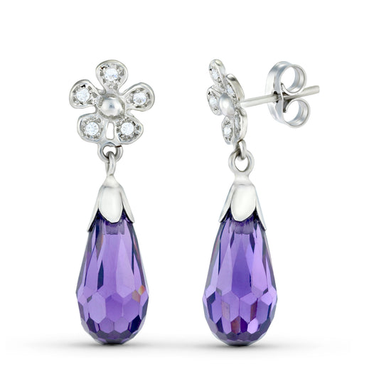 18K PENDIENTES ORO BLANCO DOS CUERPOS CON FLOR Y PIEDRA. CIERRE PRESION