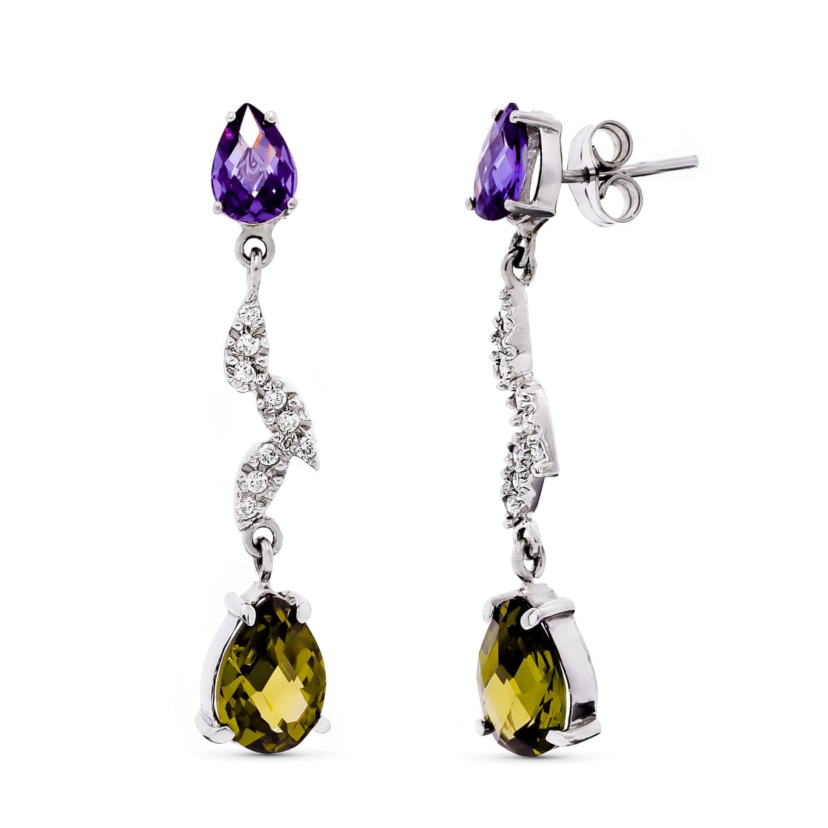 18K PENDIENTES ORO BLANCO LARGO PIEDRAS Y CIRCONITA 36X7 MM CIERRO PRESION