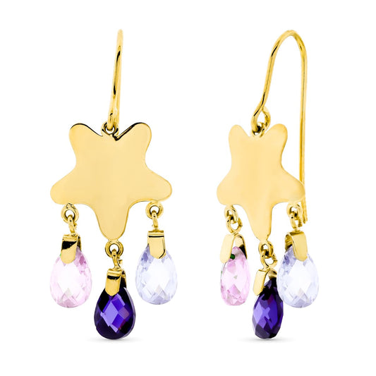 18K PENDIENTES ORO AMARILLO LARGOS PIEDRA COLOR ESTRELLA CIERRE GANCHO