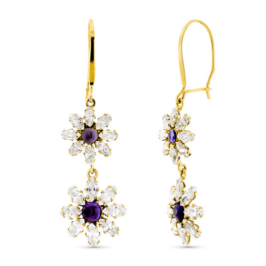 18K PENDIENTES ORO AMARILLO LARGOS FLORES CIERRE GANCHO