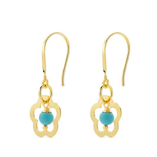 18K PENDIENTES ORO AMARILLO FLOR CON TURQUESA. MEDIDA: 28 X 12 MM. CIERRE GANCHO