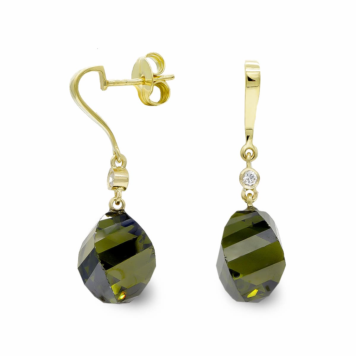 18K PENDIENTES ORO AMARILLO PIEDRA OLIVINA 14 MM CIRCONITA CIERRE PRESION