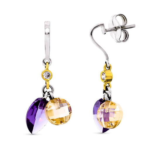 18K PENDIENTES ORO BICOLOR PIEDRAS AMATISTA Y KUNCITA CIERRE PRESION