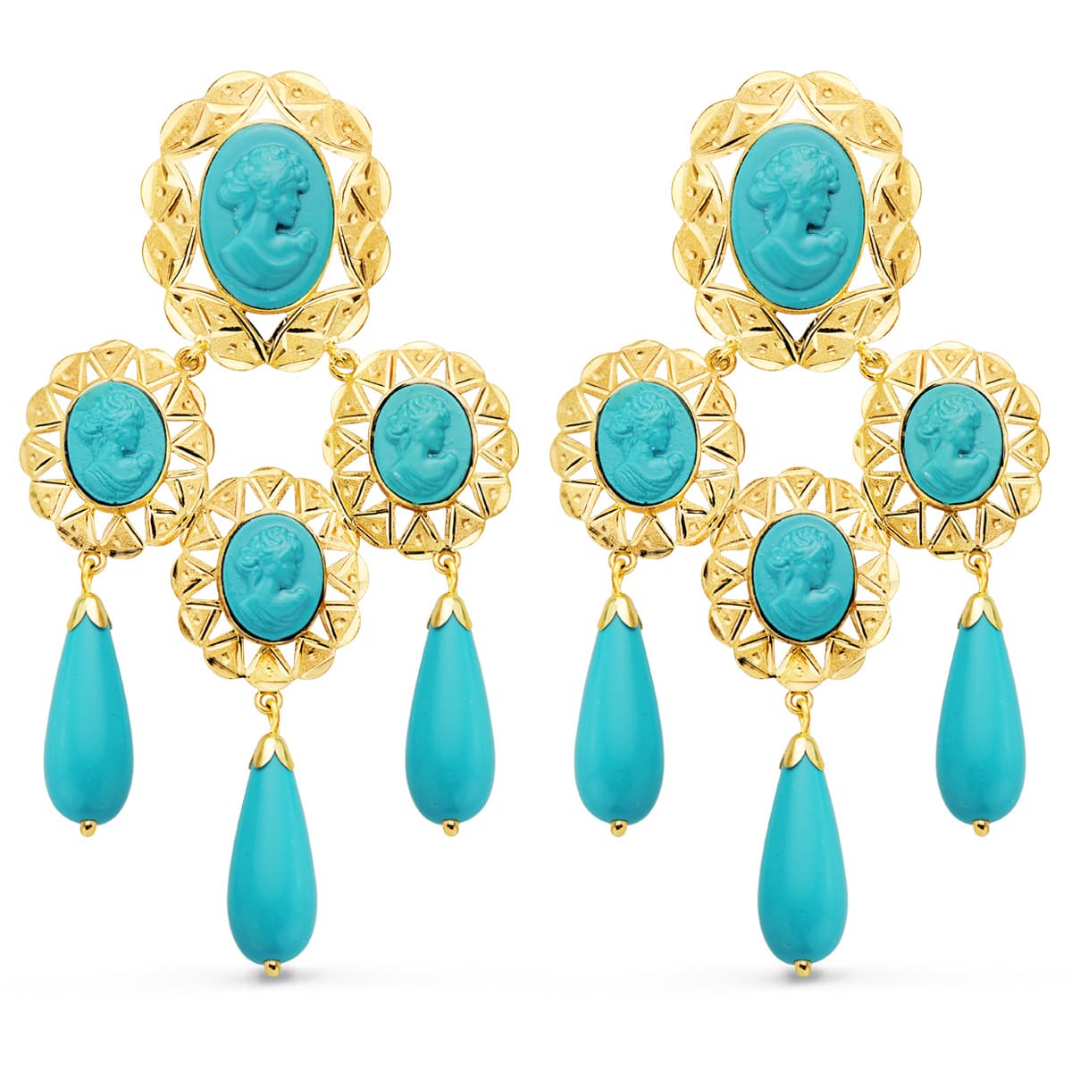 18K PENDIENTES CUBANAS ORO AMARILLO MANTILLA CAMAFEO Y TURQUESAS. 70X38 MM CATALAN