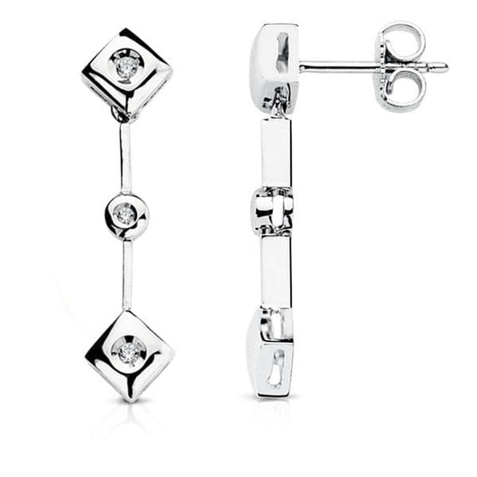 18K PENDIENTES ORO BLANCO DIAMANTES TALLA BRILLANTE 0.10 QTS. 28X7 MM CIERRE PRESION