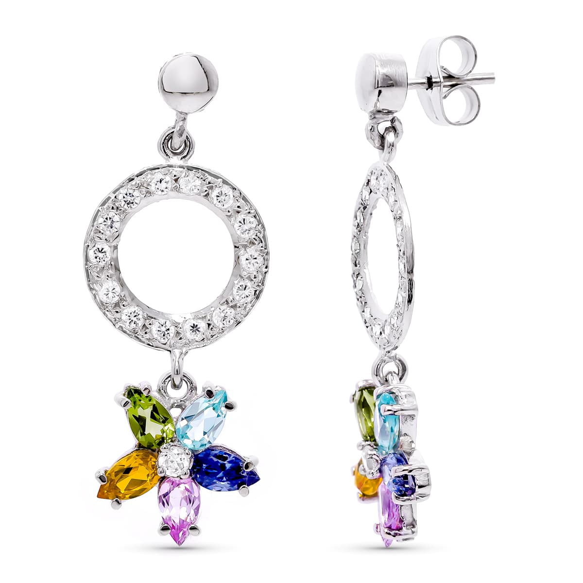 18K PENDIENTES LARGOS ORO BLANCO Y PIEDRAS DE COLORES.36X14 MM CIERRE PRESION