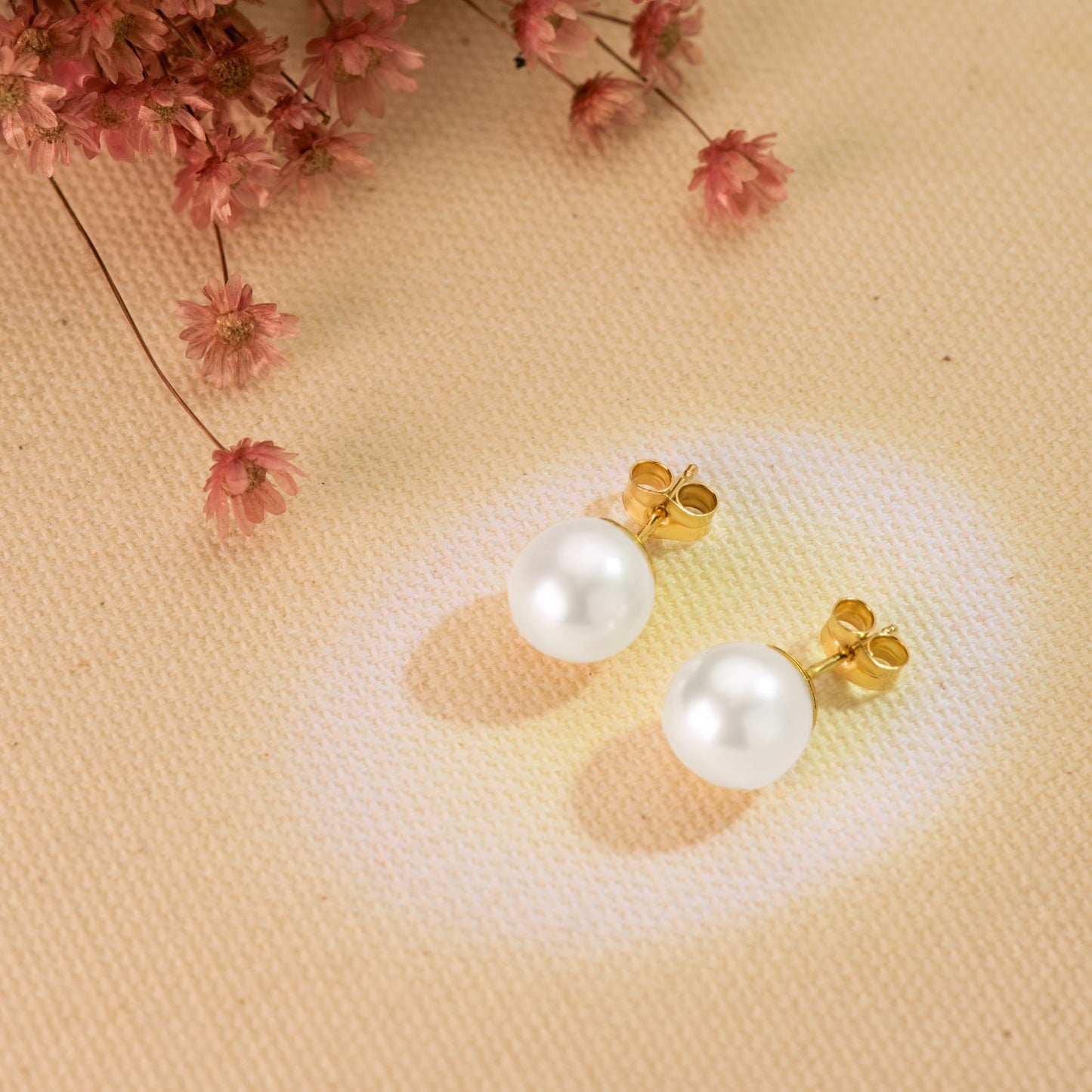 18K PENDIENTES ORO AMARILLO PERLA CULTIVADAS REDONDAS 9-9.5 MM CIERRE PRESION