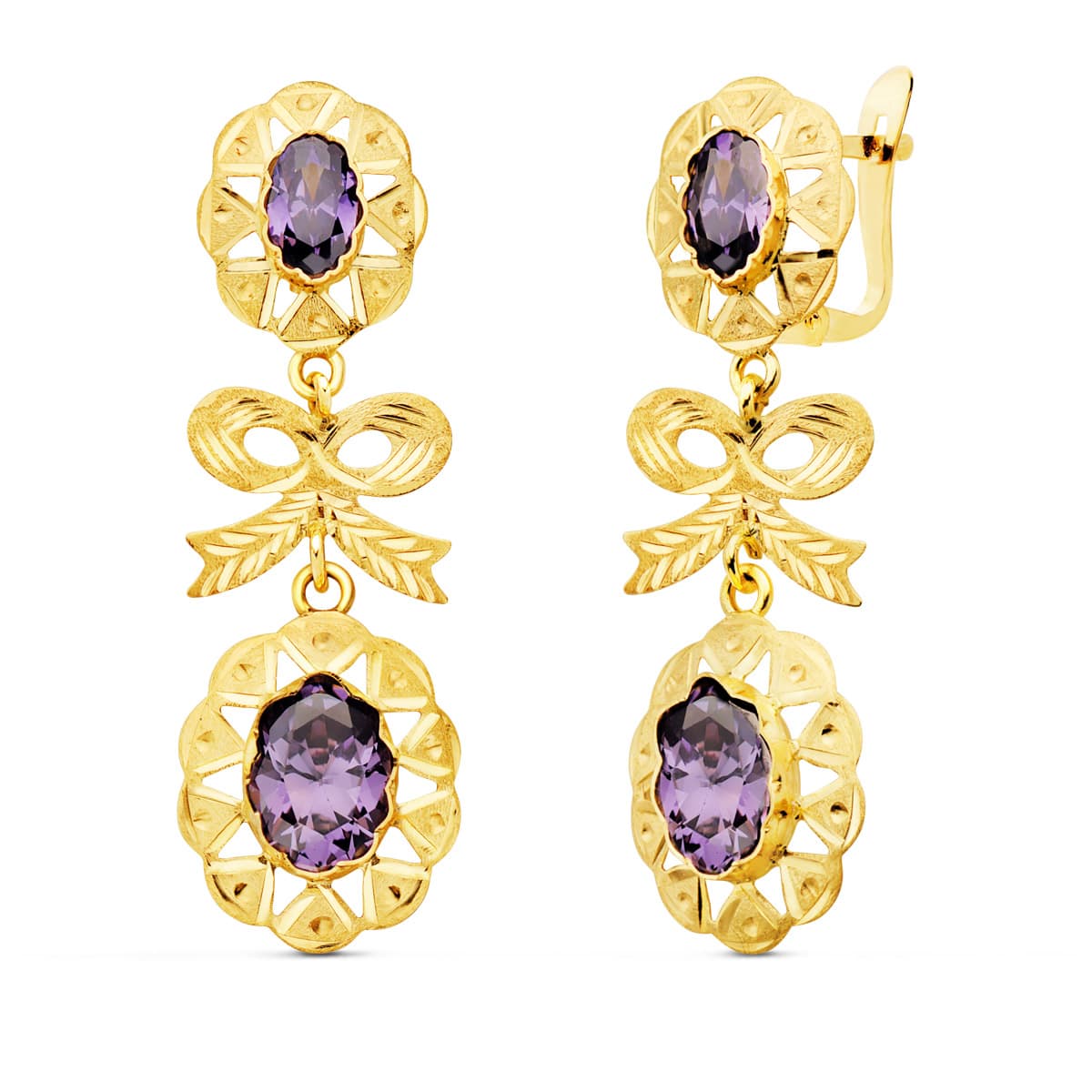 18K PENDIENTES ORO AMARILLO CUBANAS CON LAZO CIRCONITA AMATISTA 55X20 MM CIERRE CATALAN