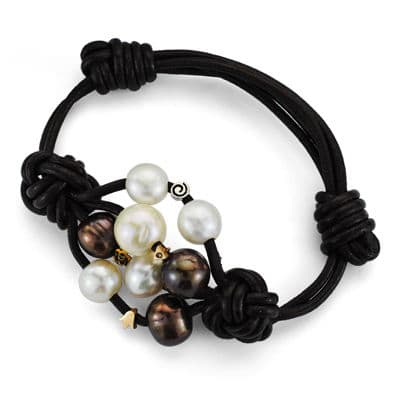 18K PULSERA CUERO PERLA Y DIAMANTE TALLA BRILLANTE
