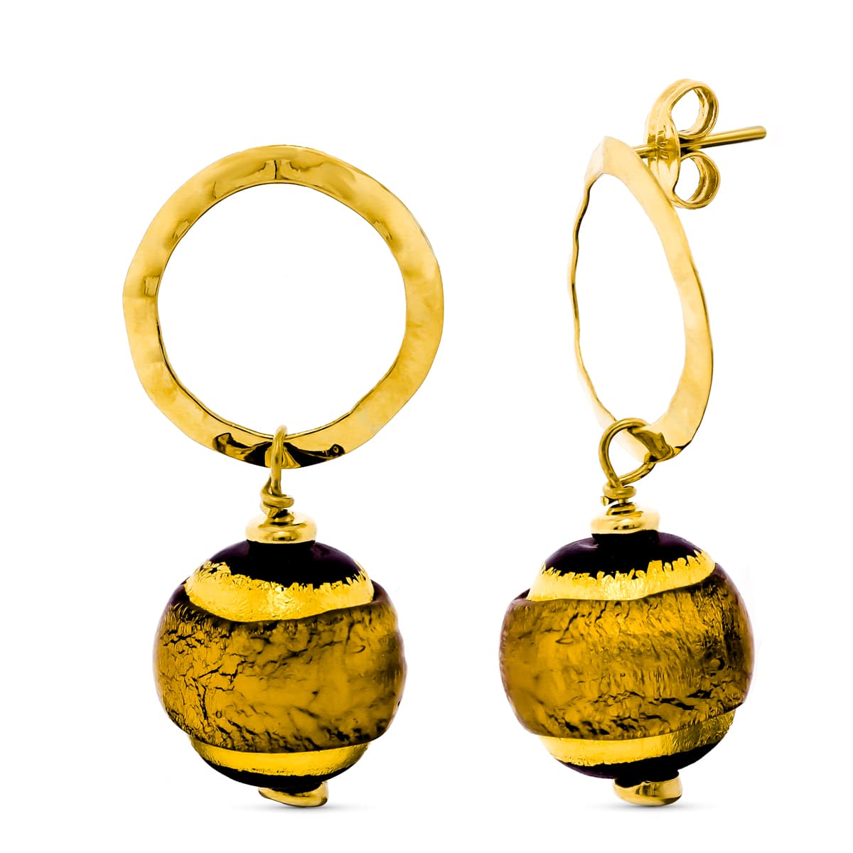18K PENDIENTES ORO AMARILLO LARGO MURANO 14 MM TONOS MARRON CIERRE PRESION