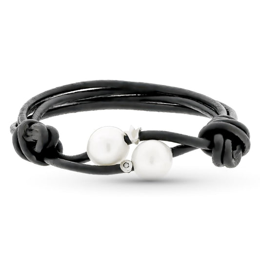 18K PULSERA CUERO PERLA Y DIAMANTE TALLA BRILLANTE