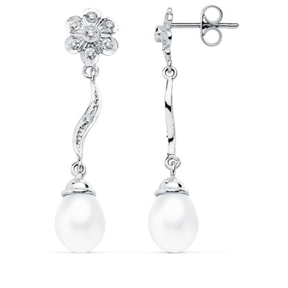 18K PENDIENTES ORO BLANCO PERLA 9X7 MM FLOR 38X8 MM CIERRE PRESION