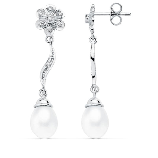 18K PENDIENTES ORO BLANCO PERLA 9X7 MM FLOR 38X8 MM CIERRE PRESION