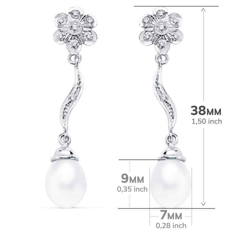 18K PENDIENTES ORO BLANCO PERLA 9X7 MM FLOR 38X8 MM CIERRE PRESION