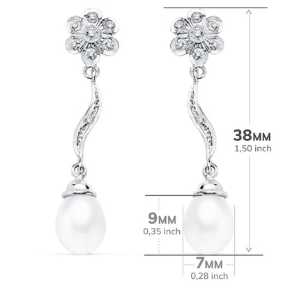 18K PENDIENTES ORO BLANCO PERLA 9X7 MM FLOR 38X8 MM CIERRE PRESION