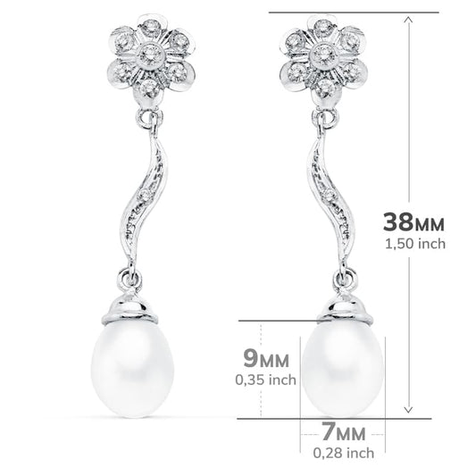 18K PENDIENTES ORO BLANCO PERLA 9X7 MM FLOR 38X8 MM CIERRE PRESION
