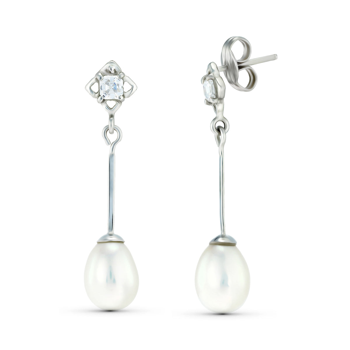 18K PENDIENTES ORO BLANCO DOS CUERPOS CON PERLAS Y CIRCONITA. CIERRE PRESION