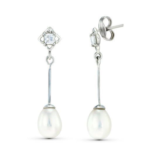 18K PENDIENTES ORO BLANCO DOS CUERPOS CON PERLAS Y CIRCONITA. CIERRE PRESION