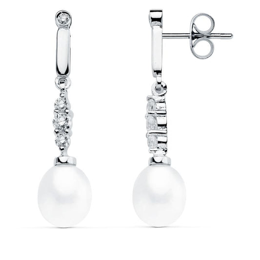 18K PENDIENTES ORO BLANCO PERLA 31X7 MM CIERRE PRESION