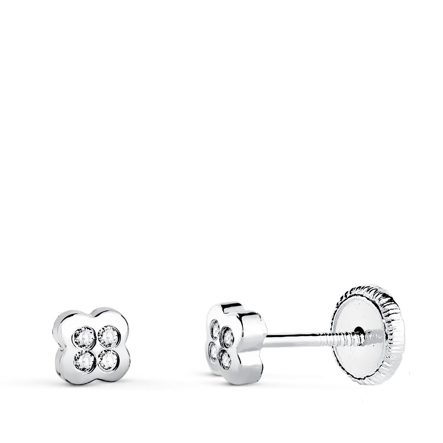 18K PENDIENTES ORO BLANCO TREBOL CON CIRCONITAS. MEDIDA: 4,5 X 4,5 MM CIERRE TUERCA