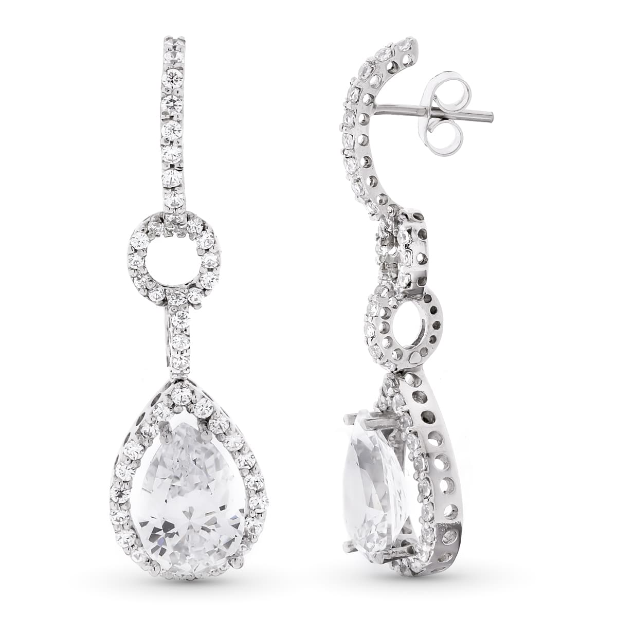 18K PENDIENTES ORO BLANCO LARGOS CIRCONITA 41X11 MM CIERRE PRESION