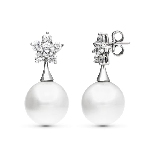 18K PENDIENTES ORO BLANCO FLOR CIRCONITA PERLA 14 MM CIERRE PRESION