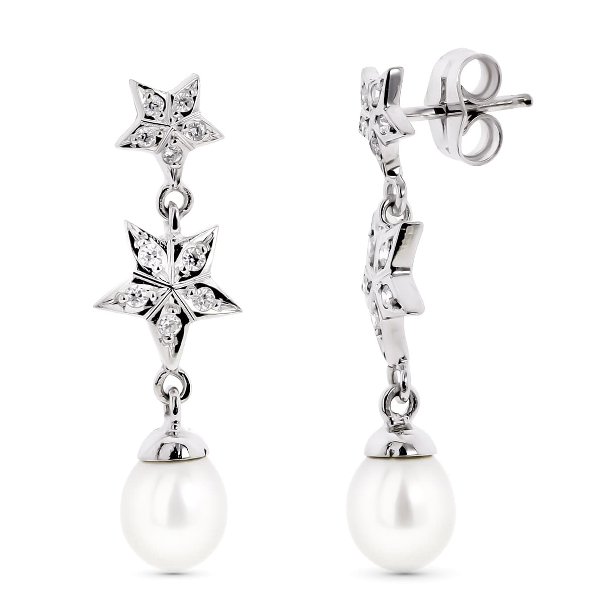 18K PENDIENTES ORO BLANCO CON ESTRELLAS Y PERLA CIERRE PRESION