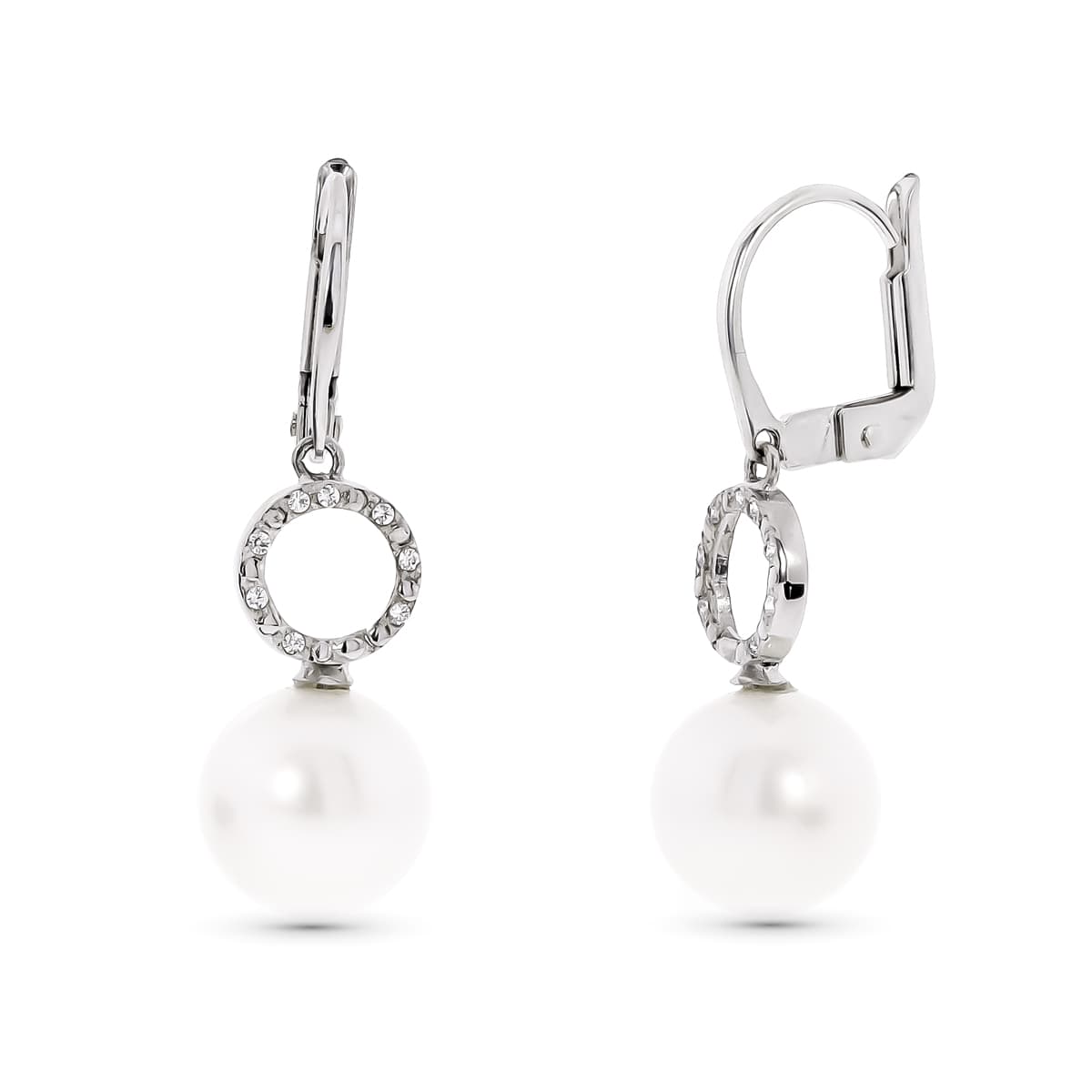 18K PENDIENTES ORO BLANCO MOTIVO REDONDO Y PERLA 9 MM CIERRE CATALAN