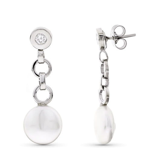 18K PENDIENTES ORO BLANCO LARGOS PERLA 10 MM Y CHATON CIRCONITA CIERRE PRESION