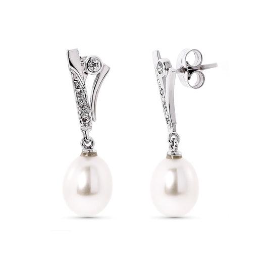 18K PENDIENTES ORO BLANCO PERLA PERA Y CIRCONITA CIERRE PRESION