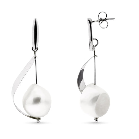 18K PENDIENTES ORO BLANCO LARGOS CON PERLA Y BARRA CIERRE PRESION