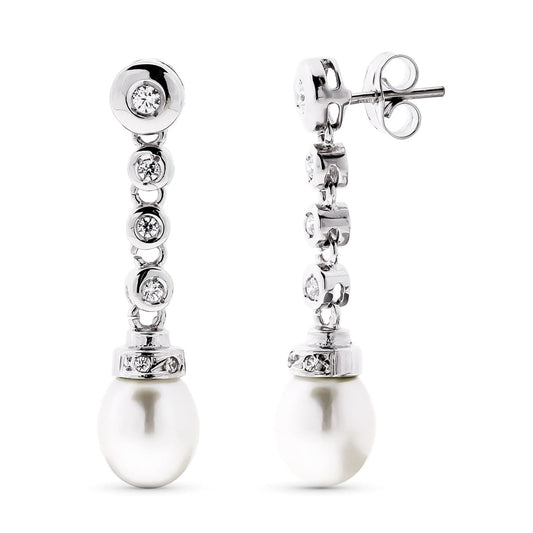 18K PENDIENTES ORO BLANCO LARGO PERLA CIULTIVADA 8 MM Y CIRCONITA TOTAL 30X7 MM CIERRE PRESION