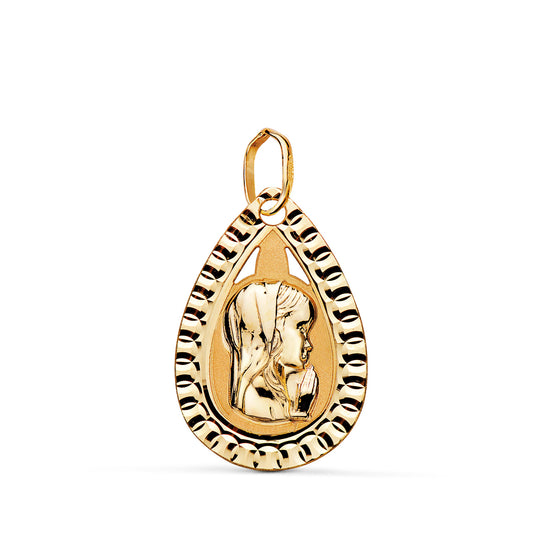 9K MEDALLA ORO AMARILLO VIRGEN NIÑA LAGRIMA TALLADA MATE Y BRILLO. MEDIDA: 20X13 MM