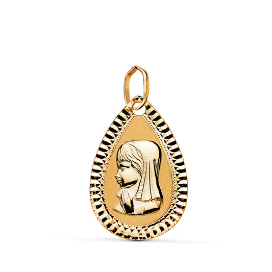9K MEDALLA ORO AMARILLO VIRGEN NIÑA LAGRIMA TALLADA MATE Y BRILLO. MEDIDA: 20X13 MM