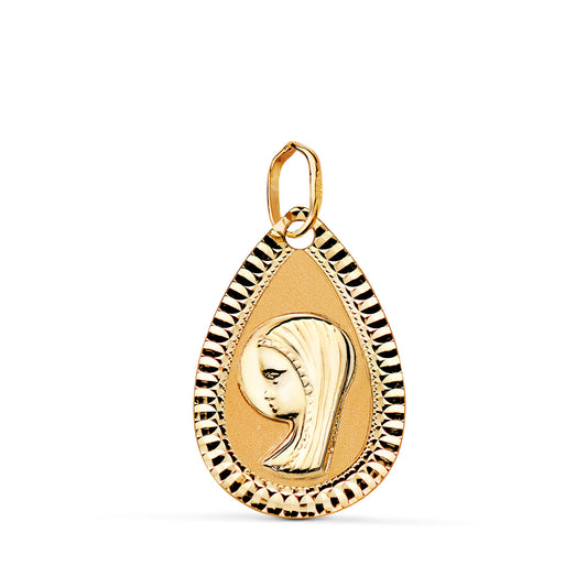 9K MEDALLA ORO AMARILLO VIRGEN NIÑA LAGRIMA TALLADA MATE Y BRILLO. MEDIDA: 20X13 MM