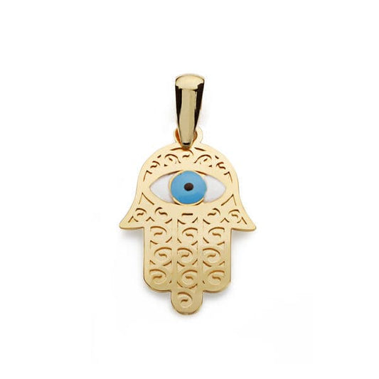 18K COLGANTE AMULETO ORO AMARILLO MANO DE FATIMA Y OJO TURCO 19X13 MM
