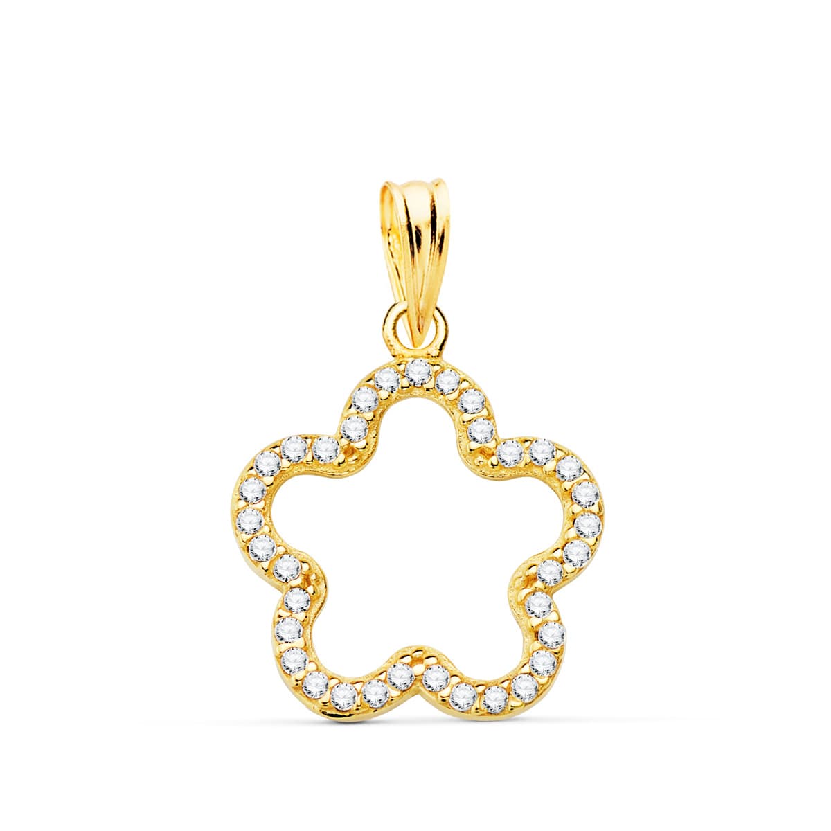 18K COLGANTE AMULETO ORO AMARILLO FLOR CON CIRCONITA 16X16 MM