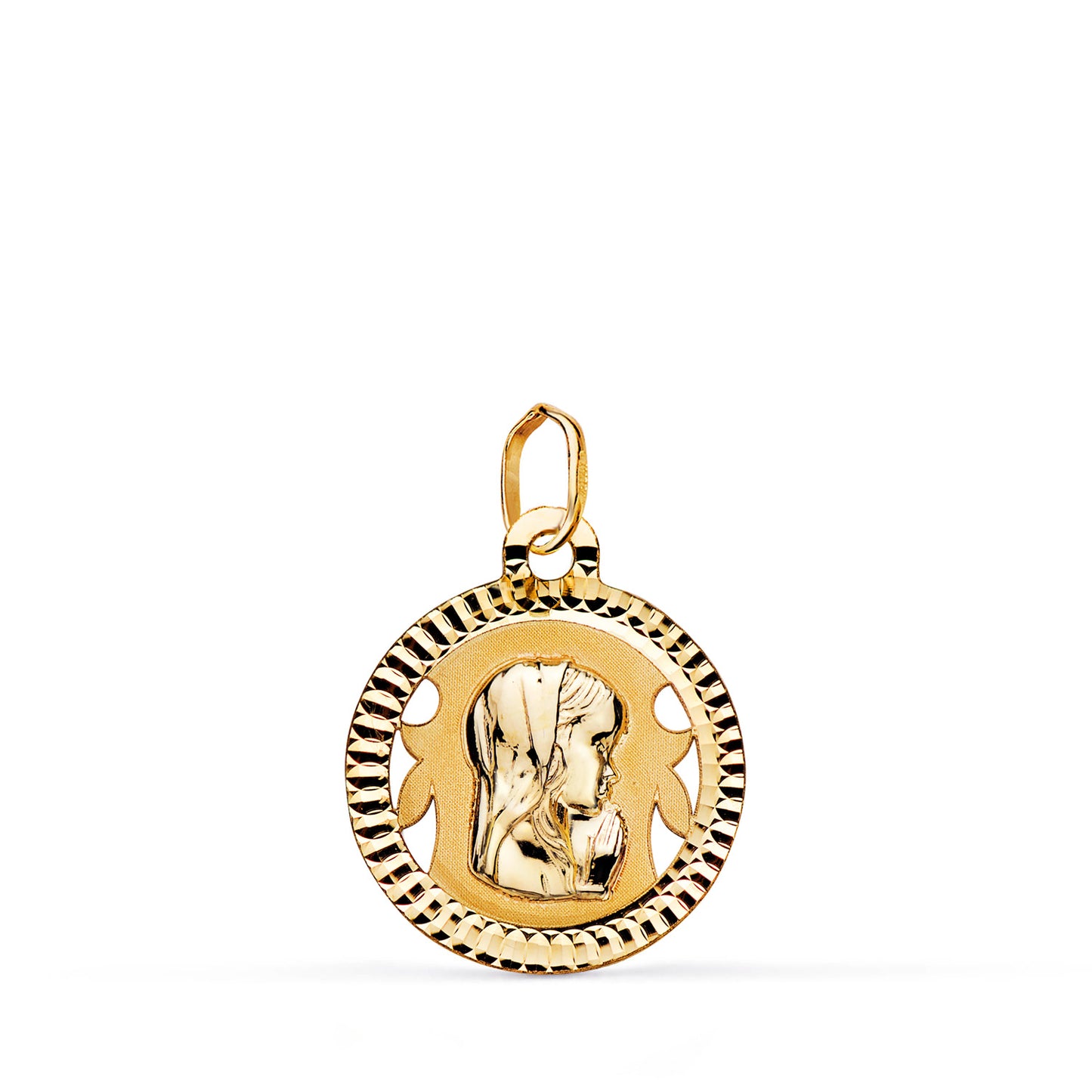 9K MEDALLA ORO AMARILLO VIRGEN NIÑA REDONDA TALLADA MATE Y BRILLO. MEDIDA: 16 MM