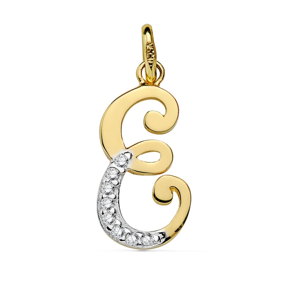 9K COLGANTE ORO AMARILLO LETRA E CIRCONITA 17X8 MM