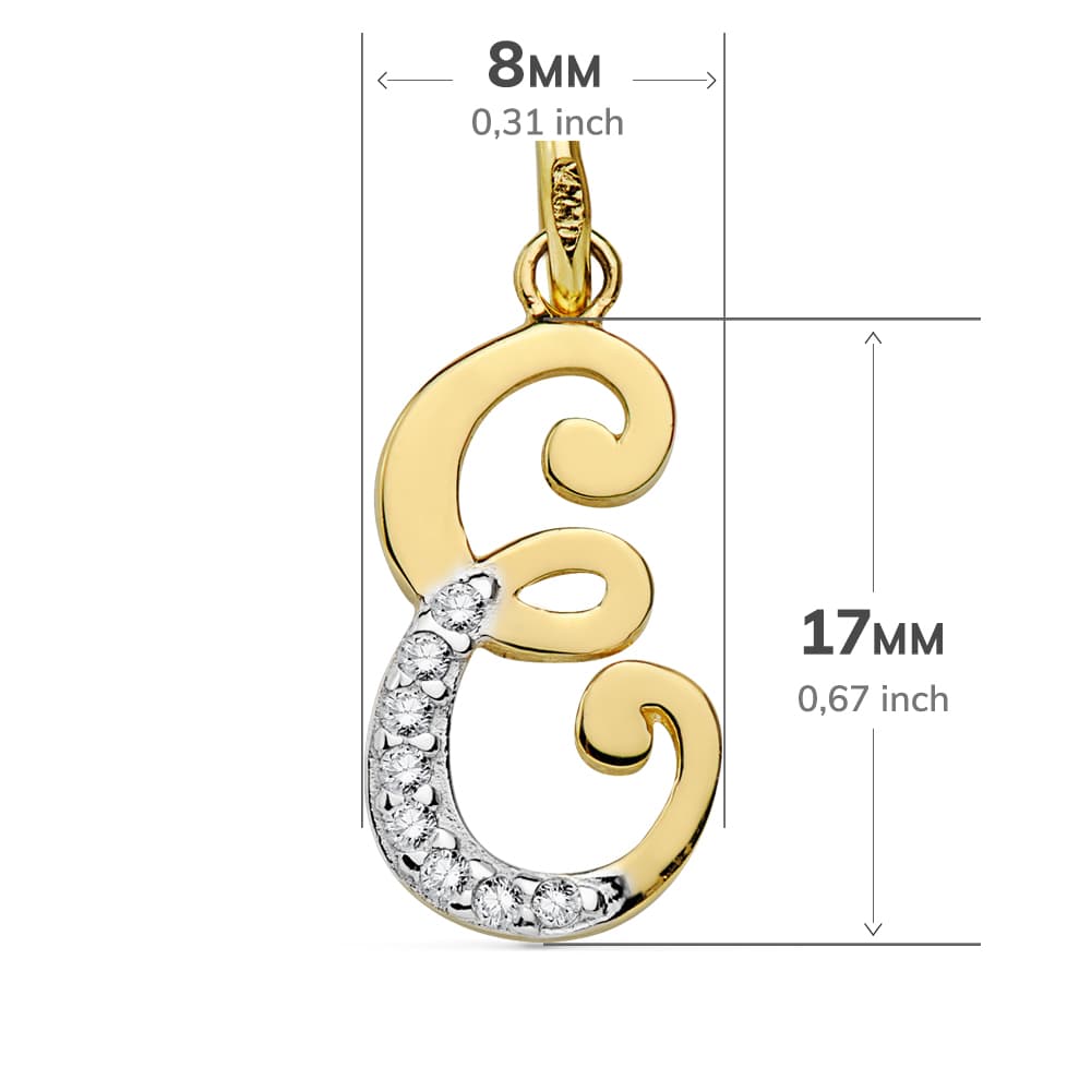18K COLGANTE ORO BICOLOR LETRA E CIRCONITA 17X8 MM