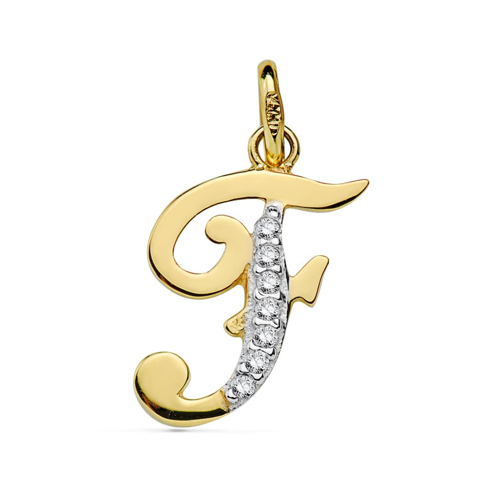 18K COLGANTE ORO BICOLOR LETRA F CIRCONITA 16X12 MM