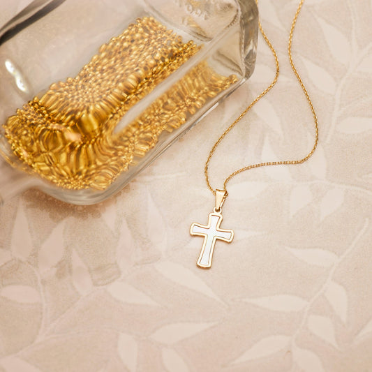 18K CRUZ ORO AMARILLO CON NACAR 18 X 12 MM