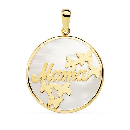 18K COLGANTE ORO AMARILLO MAMA NACAR MARIPOSAS 20 MM