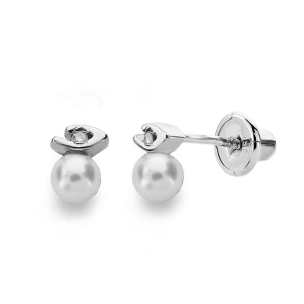18K PENDIENTES ORO BLANCO PERLA 3 MM DIAMANTES NATURALES SI-H TALLA BRILLANTE 0,012 QTS. CIERRE TUERCA
