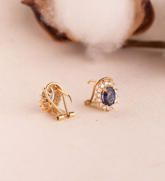 18K PENDIENTES ORO AMARILLO ZAFIRO DIFUSION 7X5 MM 1,96QT Y DIAMANTES LABORATORIO 0,580QT VS2-G. 11,5X9,5 MM CIERRE OMEGA