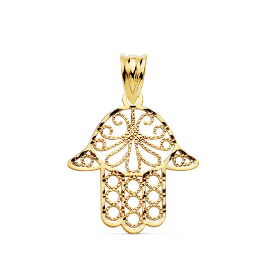 18K COLGANTE AMULETO ORO AMARILLO MANO DE FATIMA 20X18 MM
